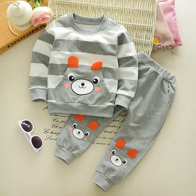 Baby Boy Cartoon Cute Bear Striped Printed Cotton Long Sleeve Two-piece Clothes Set For Boys Kids