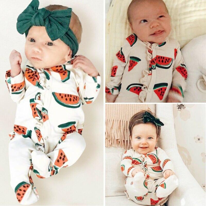 Newborn Toddler Watermelon Print Romper With Long Sleeve Wrapped Foot Jumpsuit For Babies