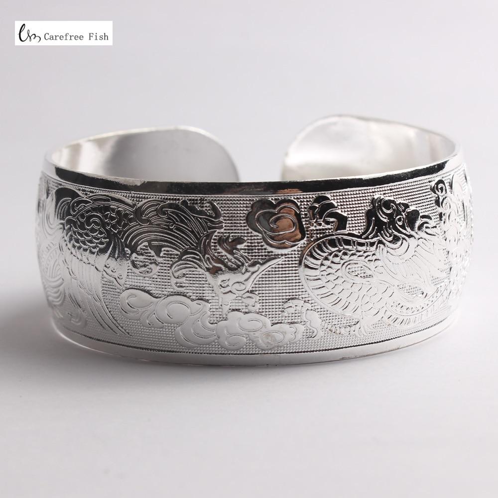 Big Elegant Luxury Amazing Classic Fashion Flower Metal Tibetan Indian Silver Vintage Retro Fashion Cuff Bracelet Bangle For Woman With Details of Animals