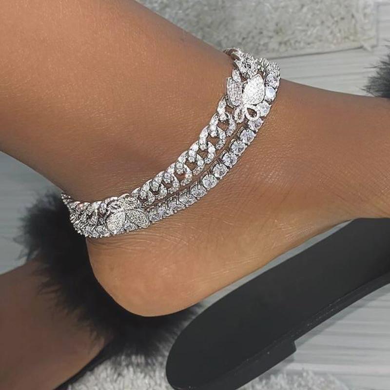 Modern Butterfly Anklet Leg Brecelet Jewelry 10mm Miami cuban Link Cain Silver Color Anklet Women In Hiphop Jewelry Style