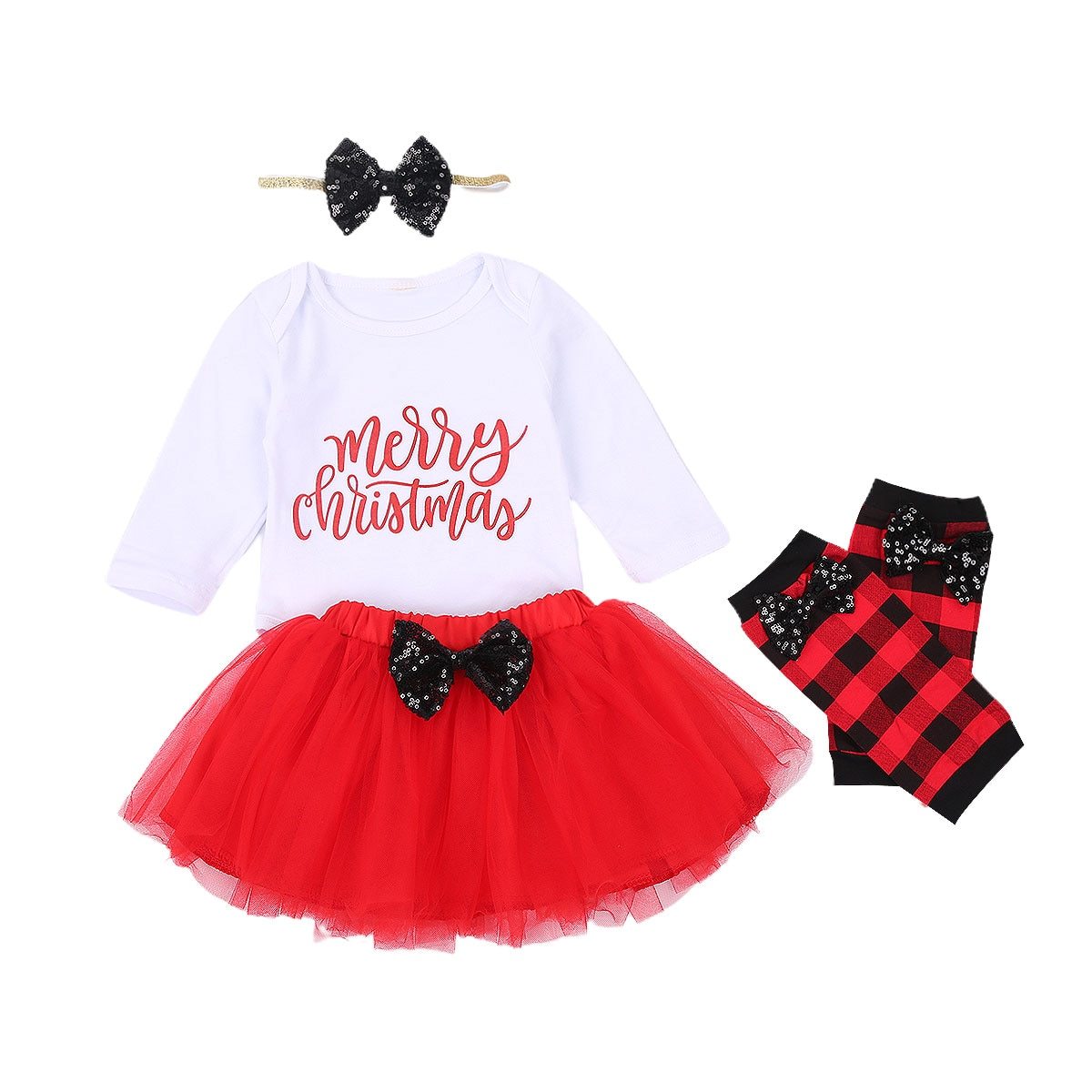 4Pcs Baby Girls Christmas Dress Set Children Long Sleeve Top  Short Skirt Hair Band And Leg Cover