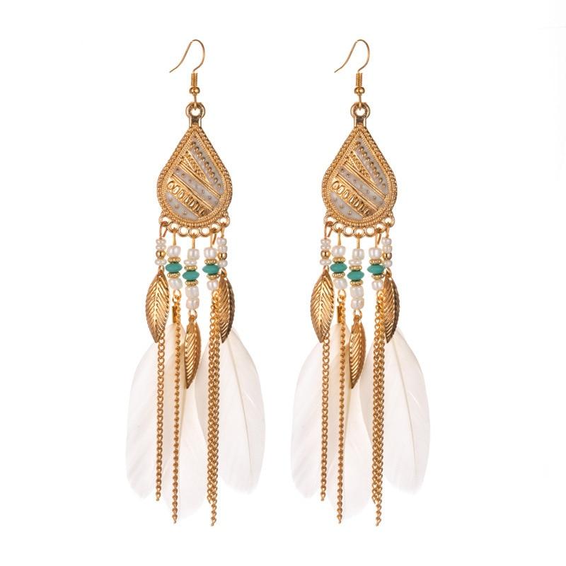 Handmade Modern Elegant Golden Silver Color Ethnic Acrylic Luxury Rainbow Beads Feather Drop Earrings for Women Boho Jewlery