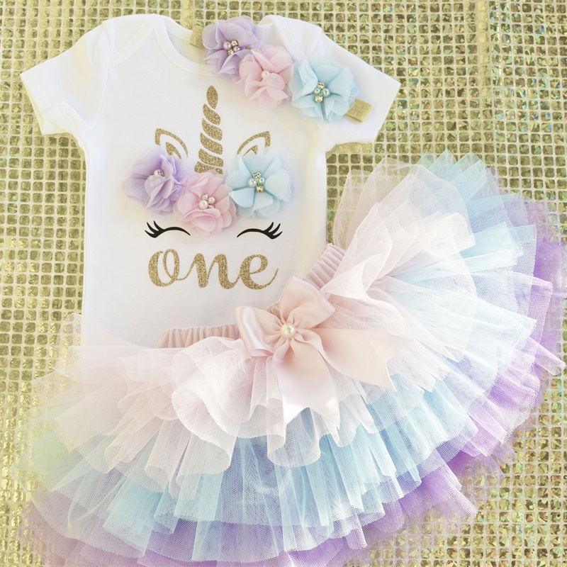 Luxury Modern Baby Girl First 1st Birthday Party Dress Cute Pink Tutu Cake Outfits For Birthday Party with Big Bow And Unicorn Design