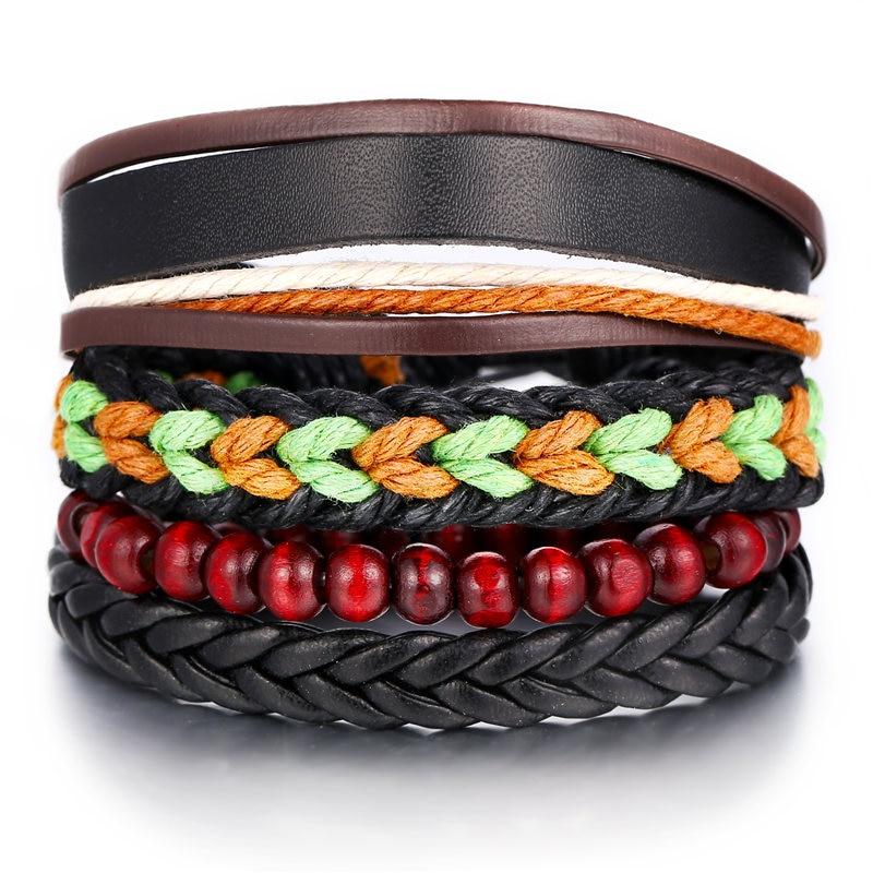 BOHO Tibet Stone Feather Multilayer Leather Bracelet Eye Fish Charms Beads Bracelets For Men Vintage Punk Wrap Wristband Cool Jewelry