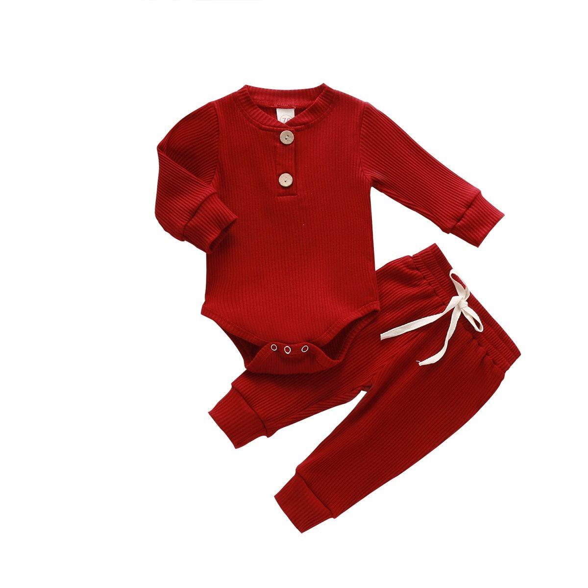 Infant Newborn Baby  Spring Autumn Ribbed Solid Clothes Sets Long Sleeve Bodysuits , Elastic Pants 2PCs