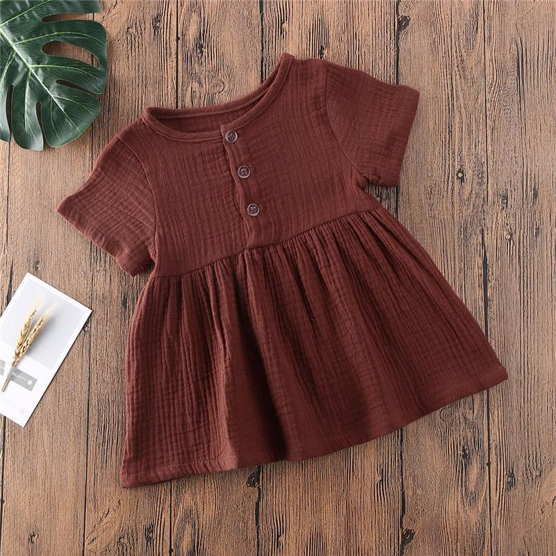 Kids Summer Cotton Linen Dress with Plain Short sleeve  Party A-line dress For Small Girls 1-3 Years