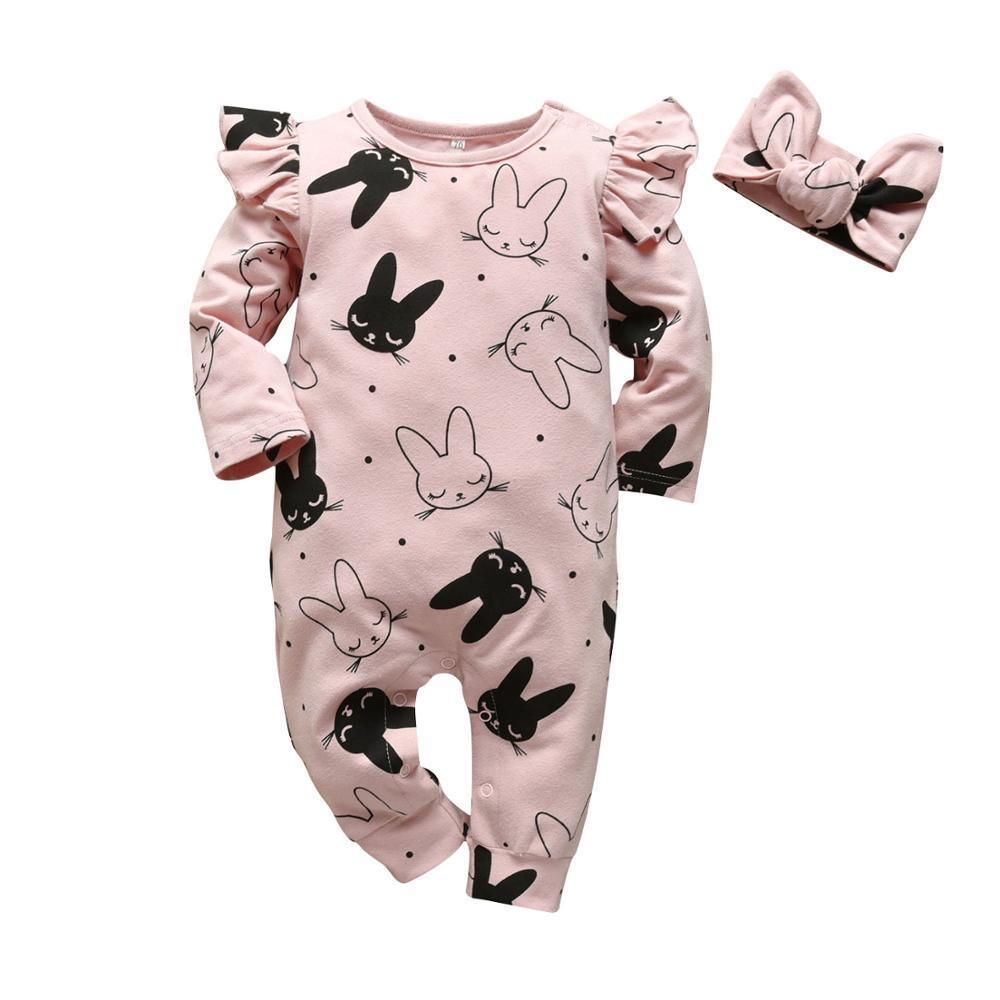 Modern Baby Girls Romper Cartoon Rabbit Pattern Cotton Long Sleeve Jumpsuit+Headband Outfits Set Jumpsuit With  Bow