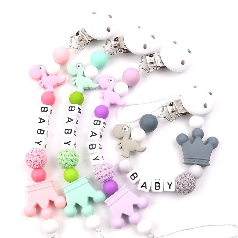 Lemon Comeon Baby's NamePacifier Clips Holder Dinosaur Silicone Beads Teething Chain for Baby