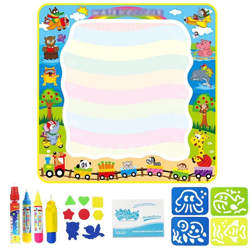 Coolplay 100x100cm Magic Water Drawing Mat Doodle Mat & 4 Drawing Pens & 1 Stamps Set Painting Board Educational Toys for Kids