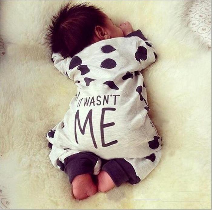 Fashion "It wasnt me " Baby Boy Girl Clothes Newborn Toddler Long-sleeved Dot jumpsuit Infant Clothing set Outfits