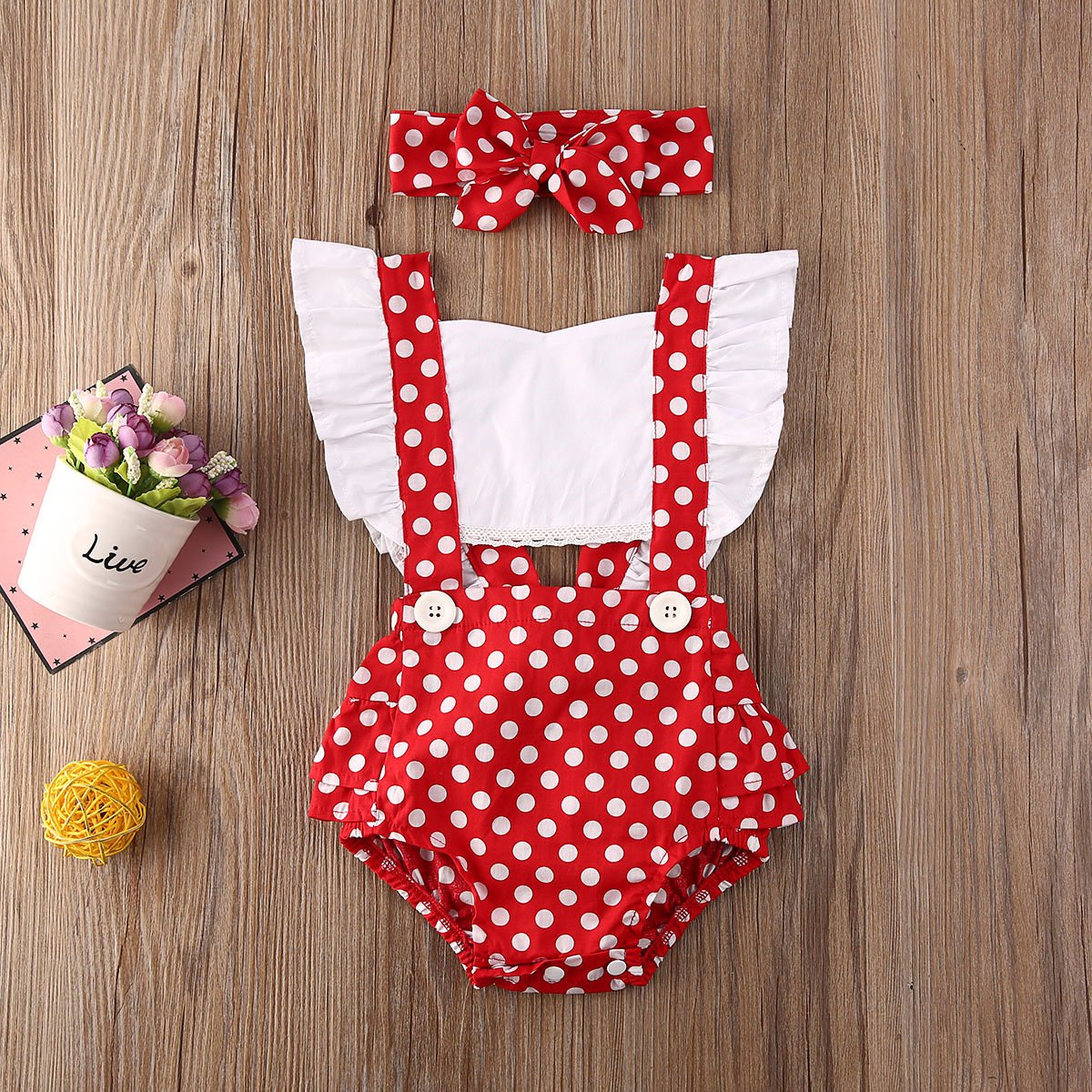 Luxury Modern Newborn Baby Girl Clothes Polka Dot Print Flower Fly Sleeve Romper Jumpsuit Headband 2Pcs Outfits For Girls