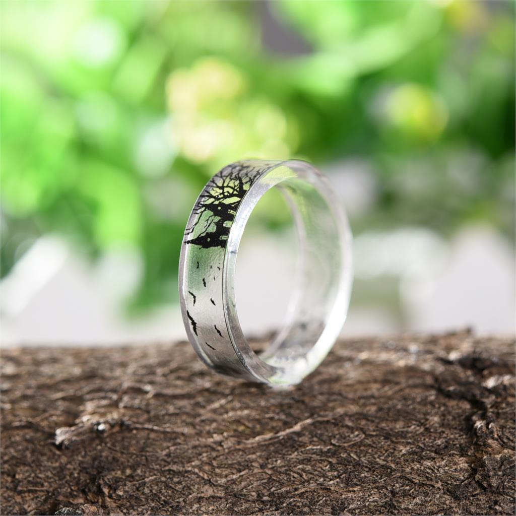 Transparent Resin Ring Elegant Tree And Birds Ink Luxury Painting Scenery Inside Apstact for Women Finger