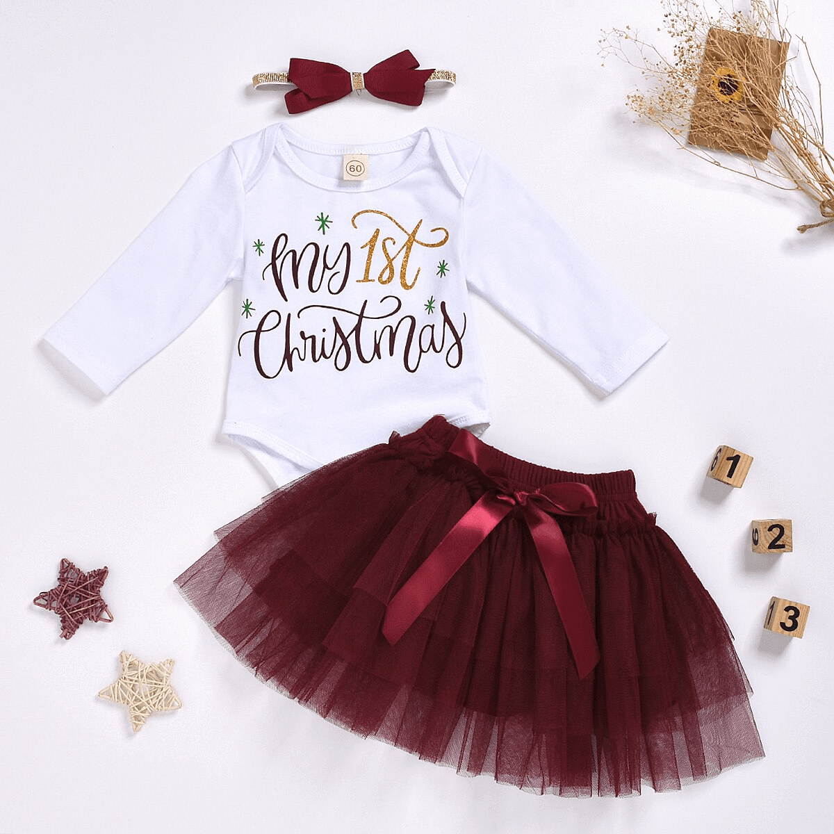 Luxury Newborn Toddler Baby Girl Clothes Set Long Sleeve Romper Christmas Princess Dress Mesh Skirt with Headband  Set With Skirt Romper and Ribbon Bow