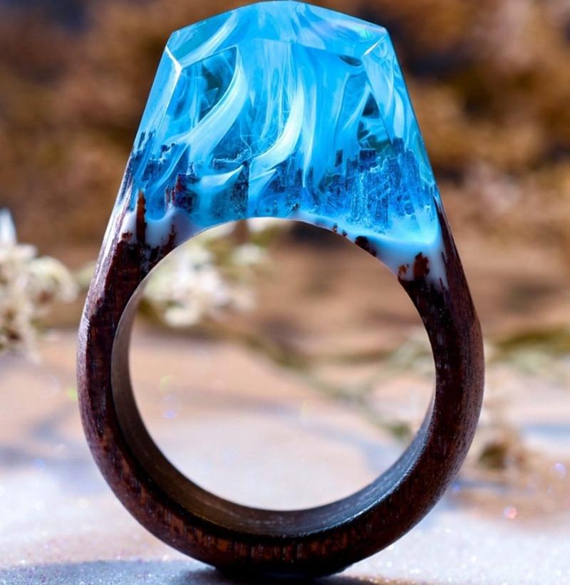 Luxury Handmade Unique Unisex Ring For Womens and Men  Wood Resin Ring Handmade Snowy Mountain Forest Micro Landscape Wooden Rings