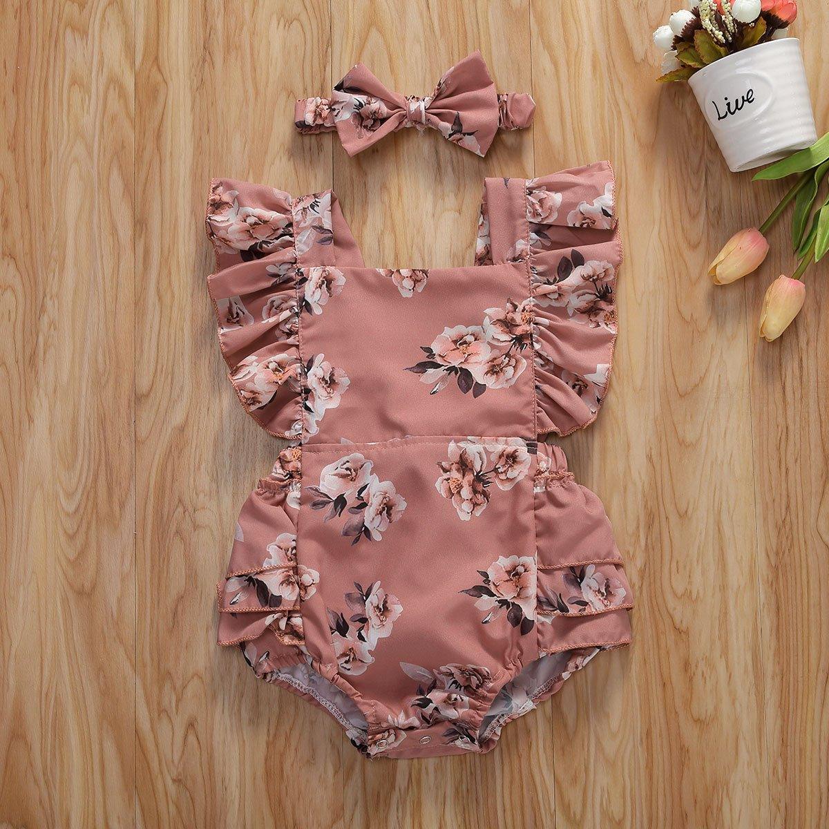 Baby Summer Clothing Infant Newborn Baby Girl Floral Romper Sleeveless Ruffled Jumpsuits With Headband