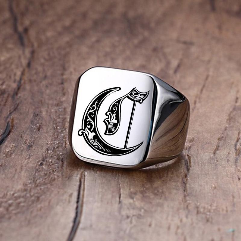 Modern Letter Retro Initials Signet Ring for Men 18mm Bulky Heavy Stamp Male Band Stainless Steel Letters Custom Jewelry Gift for Him