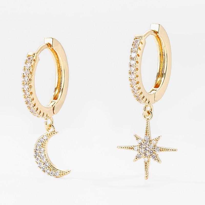 New Fashion Cute Star And Moon Earrings Top Quality Cz Crystal Charms Hoop Earrings For Women