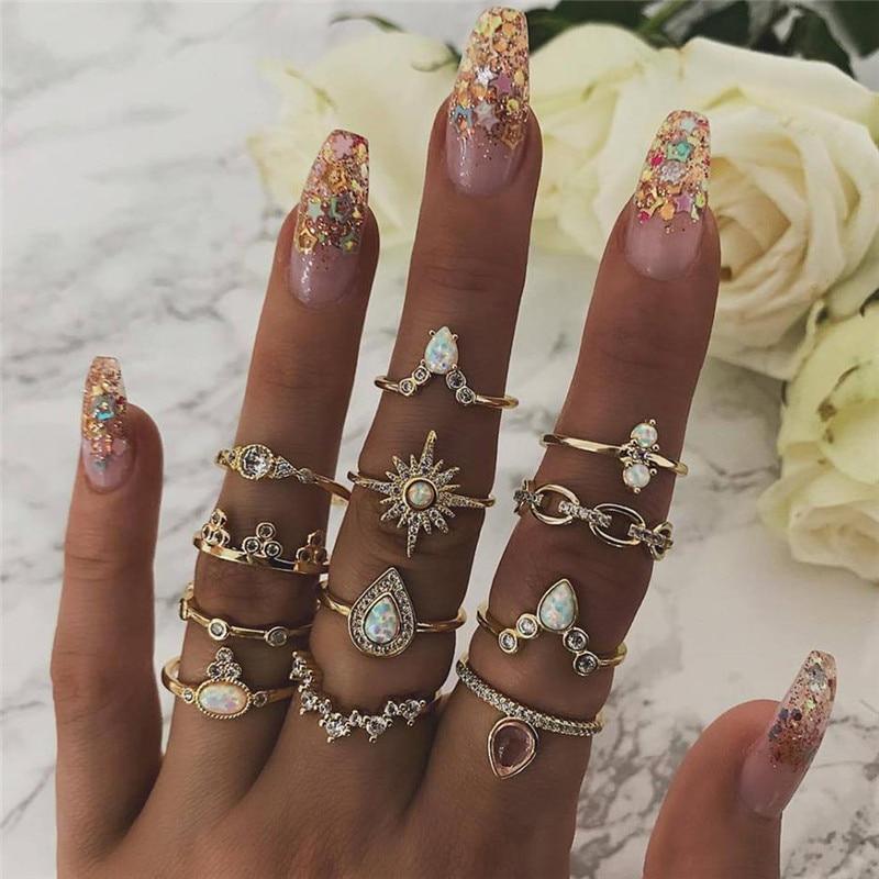 Boho Vintage Gold Star Knuckle Rings For Women BOHO Crystal Star Crescent Geometric Female Finger Rings Set Jewelry