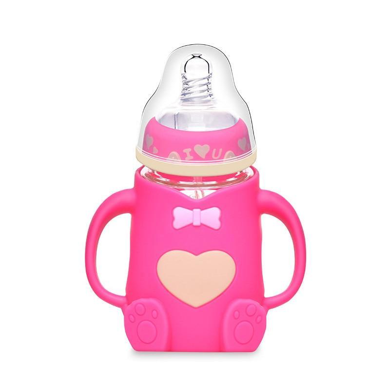 Infant Cartoon Baby Cute Feeding Glass Bottle Safe Silicone Milk Bottle With Handle Newborn Drink Training Colorful Feeding Bottles