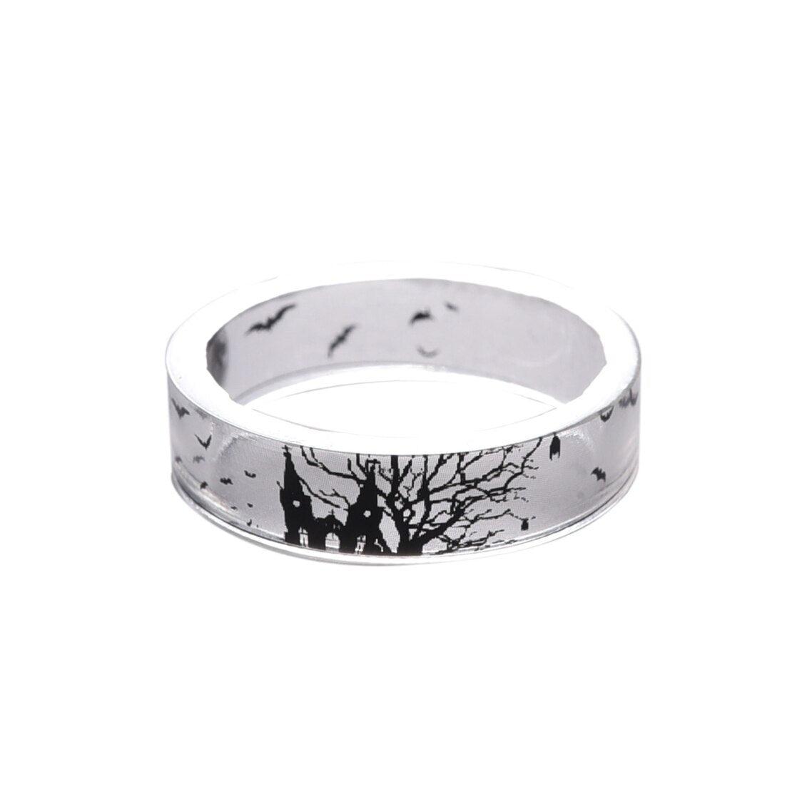 Transparent Resin Ring Elegant Tree And Birds Ink Luxury Painting Scenery Inside Apstact for Women Finger