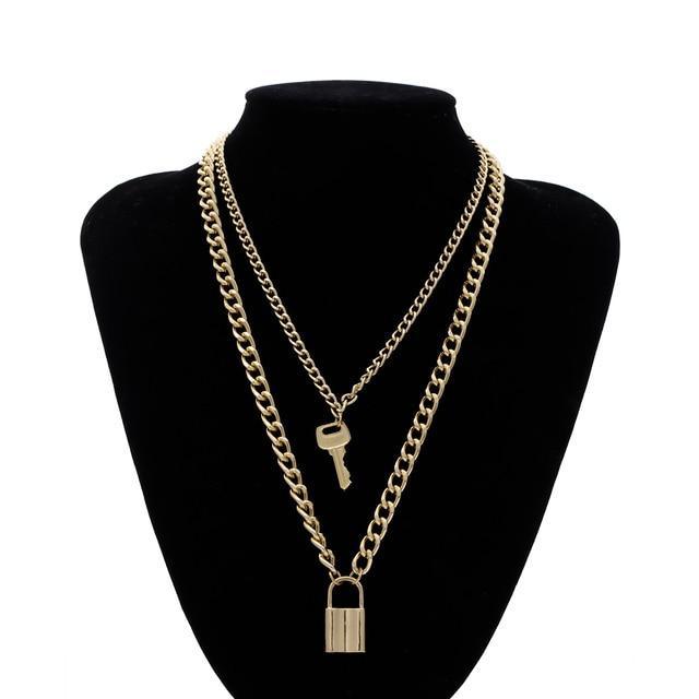 Multi Layer Lover Lock Pendant Choker Chain  Necklace For Women Luxury Jewelry Cool Style