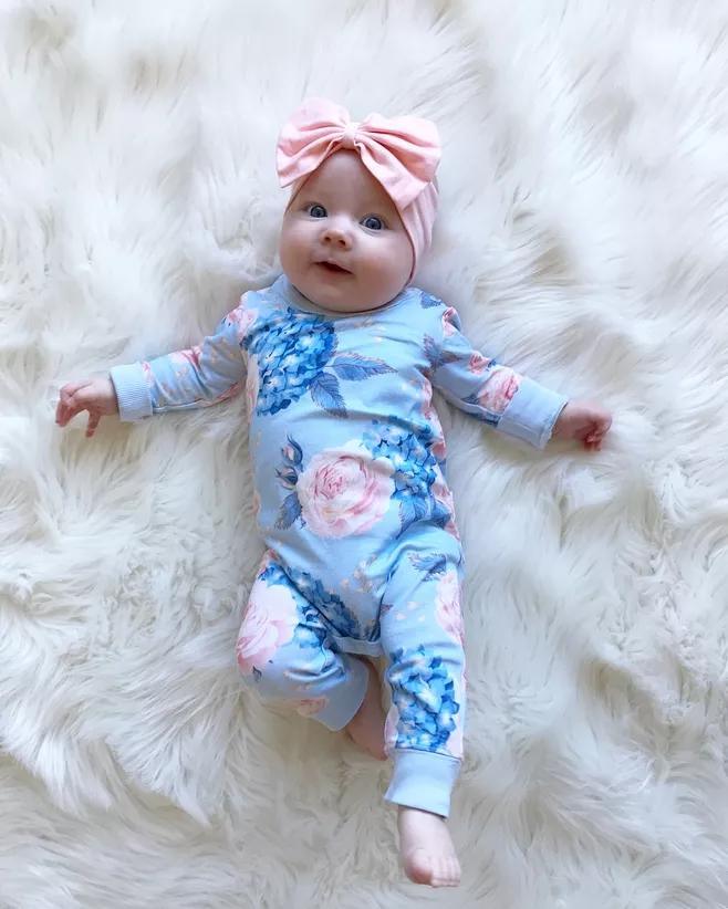 Modern Printed Newborn Baby Girl Romper Floral Jumpsuit Outfit Clothes Set With Bow In Elegant Modern Design