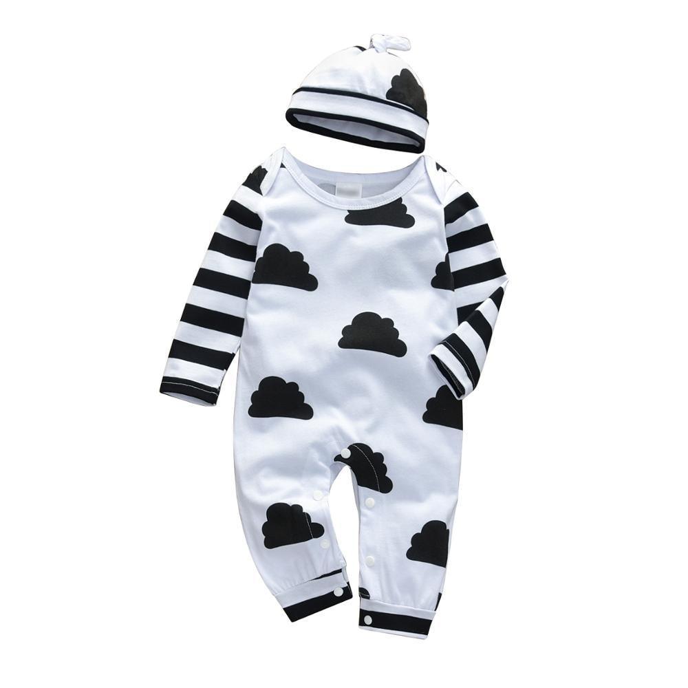 Newborn Baby Boys Romper Clothes Cotton Cute Cartoon Print Long Sleeve Jumpsuit Hat 2 Pcs