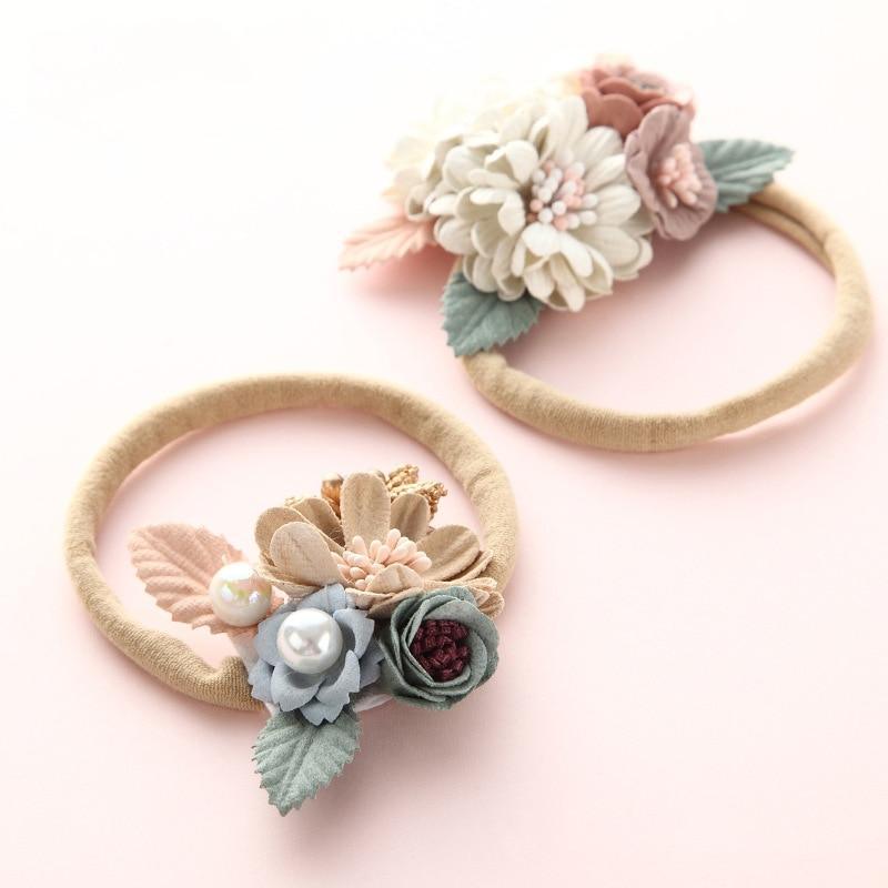 Modern Fashion Floral Headband Newborn Baby Elastic Hairbands Pearl Fresh Style Bow Knot For Girls