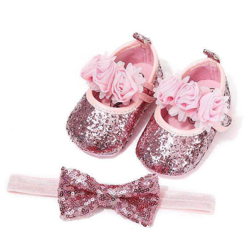 Cute Sparkly Baby Bowknot Non-Slip Sole Baby Girls Shoes Newborn Princess First Walkers Hairband Baby Party Shoes