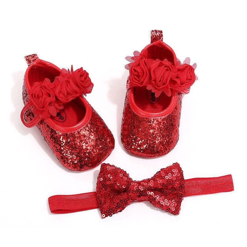 Cute Sparkly Baby Bowknot Non-Slip Sole Baby Girls Shoes Newborn Princess First Walkers Hairband Baby Party Shoes