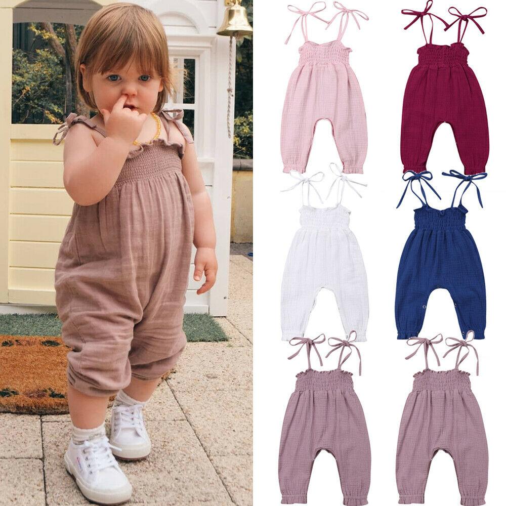 Baby Summer Clothes Sleeveless Strap Pants Solid Overalls Cotton Outfits Jumpsuits/ Romper for Girls