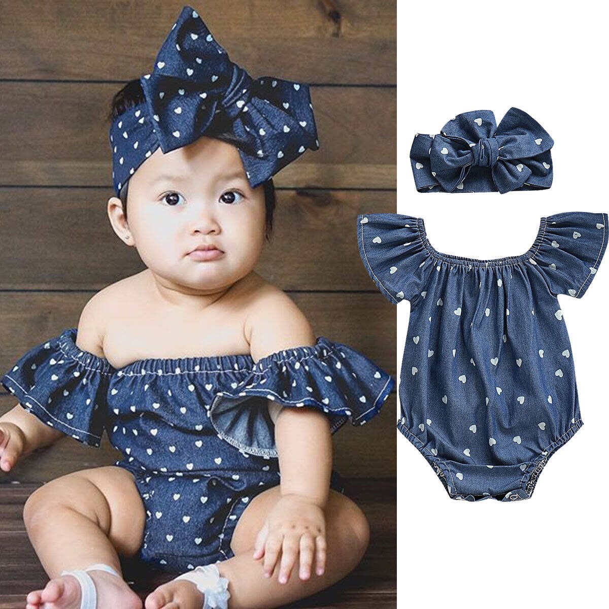 Modern Infant Baby Girls Bodysuits Headband 2PCS Hearts Love Short Sleeve Off Shoulder Jumpsuits Summer Causal Set WIth Big Bow