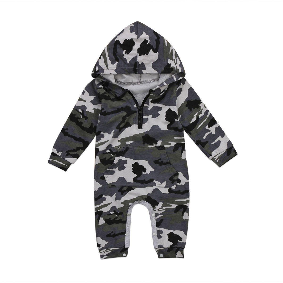 Infant Baby Boy Hooded Camouflage Military Design Romper Warm Spring Autumn Jumpsuit For Baby Kids