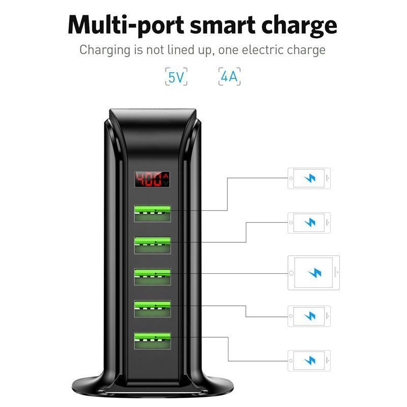 Powerful 5 Port USB Energy Saving Charger LED Display Multi USB Charging Station Dock Universal Mobile Phone Desktop Wall Home EU UK Plug