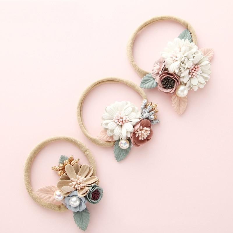 Modern Fashion Floral Headband Newborn Baby Elastic Hairbands Pearl Fresh Style Bow Knot For Girls