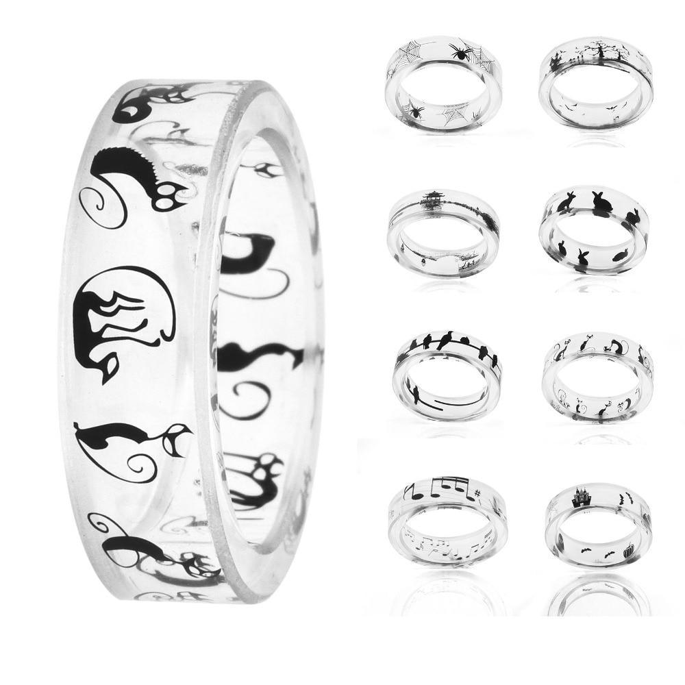 Transparent Resin Ring Rabbit Dog Bat Cat Castle Music Note Pattern Inside For Women and Men.