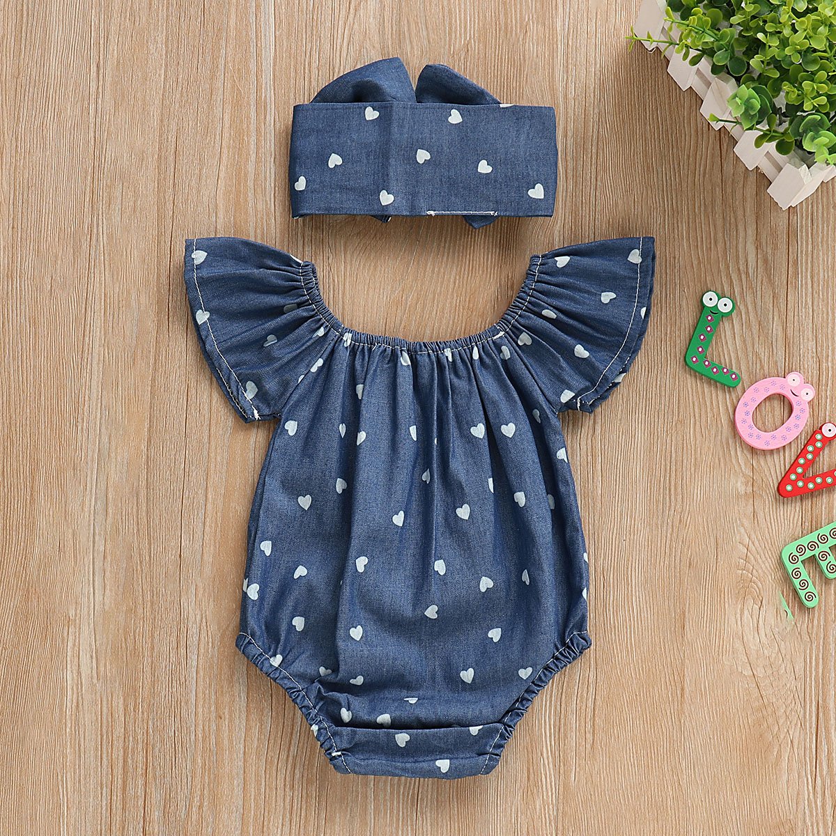 Modern Infant Baby Girls Bodysuits Headband 2PCS Hearts Love Short Sleeve Off Shoulder Jumpsuits Summer Causal Set WIth Big Bow