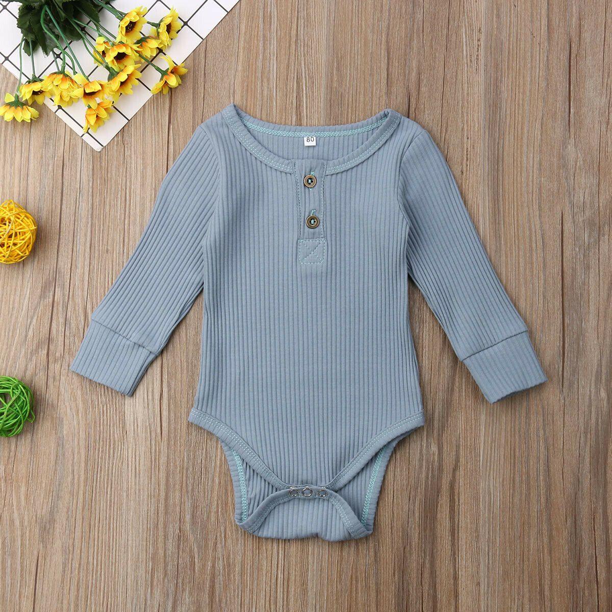 Newborn Infant Baby Girl Boy Ribbed Bodysuit  Ruffle  Long Sleeve One-Pieces Solid Jumpsuit Outfits For Girls