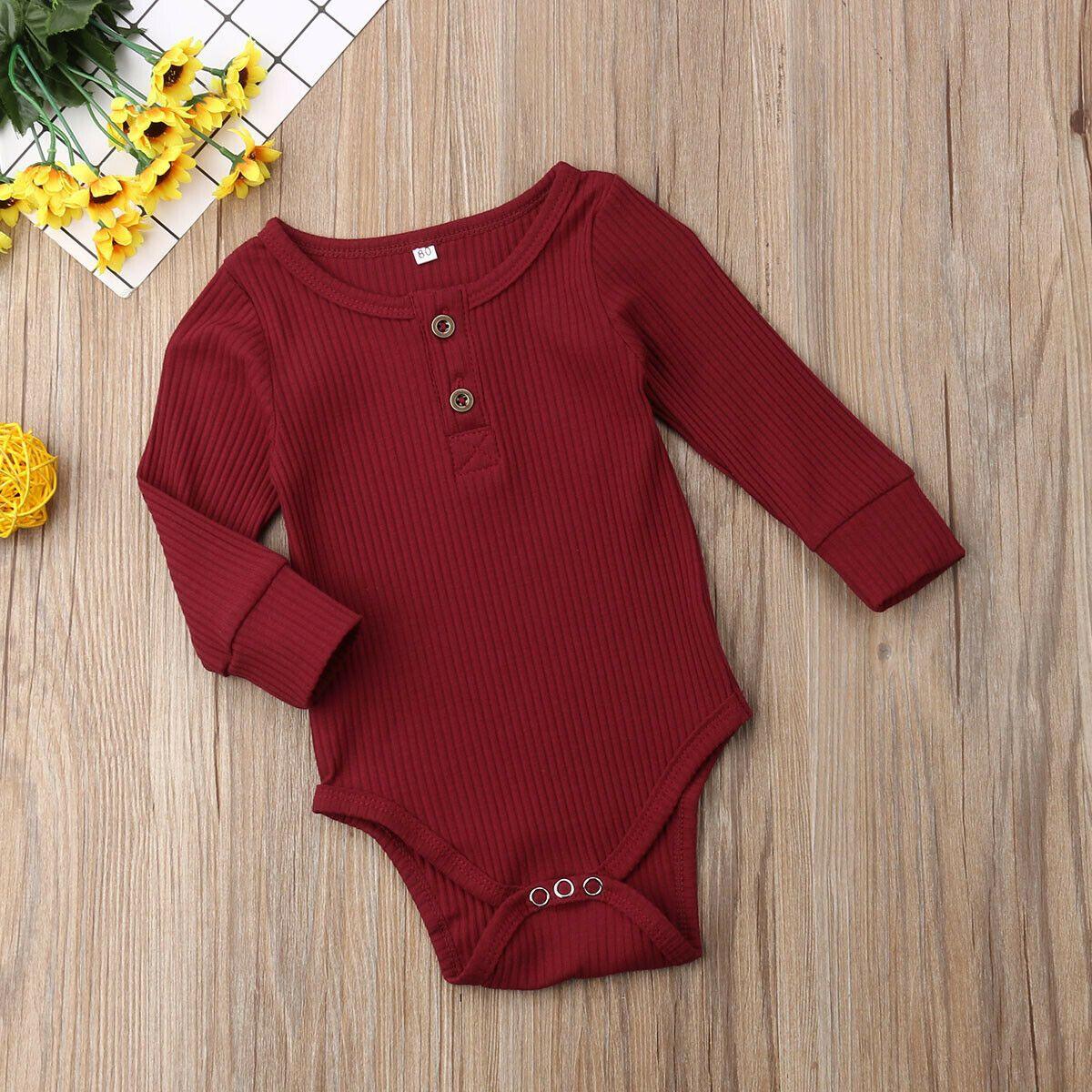 Newborn Infant Baby Girl Boy Ribbed Bodysuit  Ruffle  Long Sleeve One-Pieces Solid Jumpsuit Outfits For Girls