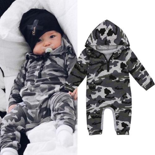 Infant Baby Boy Hooded Camouflage Military Design Romper Warm Spring Autumn Jumpsuit For Baby Kids