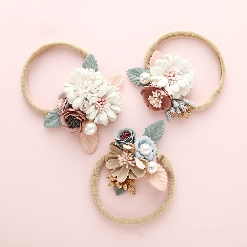 Modern Fashion Floral Headband Newborn Baby Elastic Hairbands Pearl Fresh Style Bow Knot For Girls