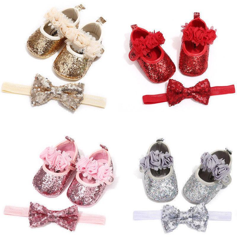 Cute Sparkly Baby Bowknot Non-Slip Sole Baby Girls Shoes Newborn Princess First Walkers Hairband Baby Party Shoes