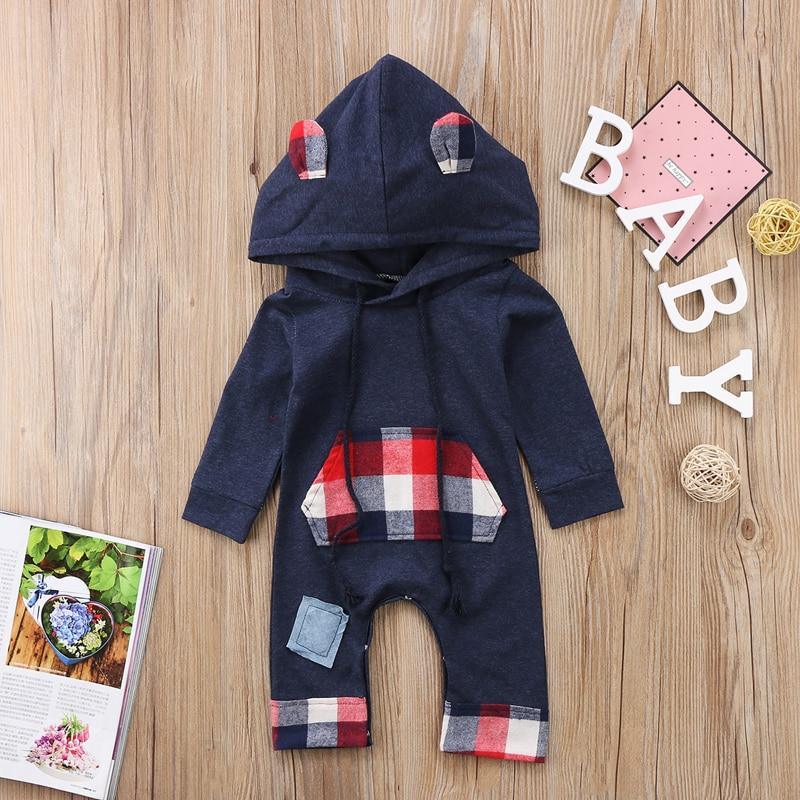 New Fashion Elegant Modern Autmn Romperfor For Newborn Infant Kids Baby Boys and Grid Romper Jumpsuit Hooded In Trendy Style