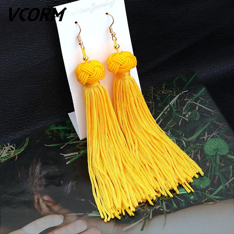 Bohemian Tassel Crystal Long Drop Earrings for Women Red Cotton Silk Fabric Fringe Earrings Fashion Woman Jewelry