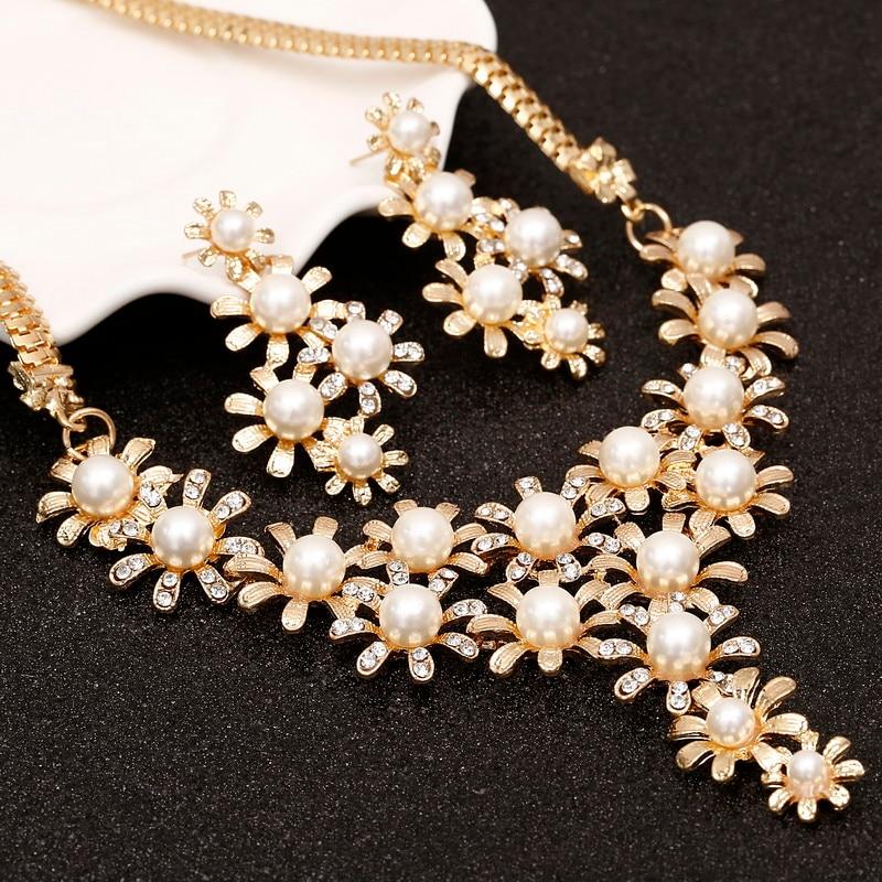 Bridal Simulated Pearl Jewellery Sets for Women's Dresses Accessories Cubic Necklace Earrings Set Gold Color