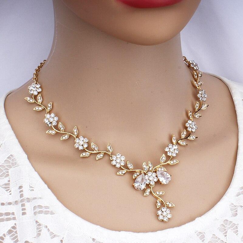 Classic Bridal Jewellery Sets for Women's Dresses Accessories Cubic Flower Necklace Earrings Set Gold Color