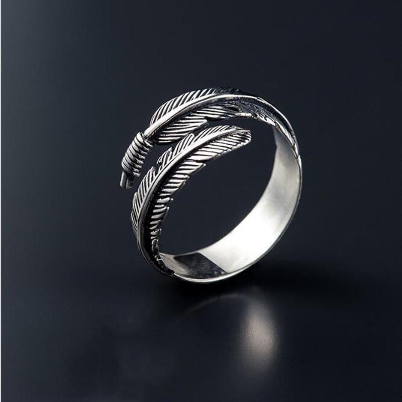 Retro High-Quality 925 Sterling Silver Jewelry  Silver Not Allergic Personality Feathers Arrow Opening Rings