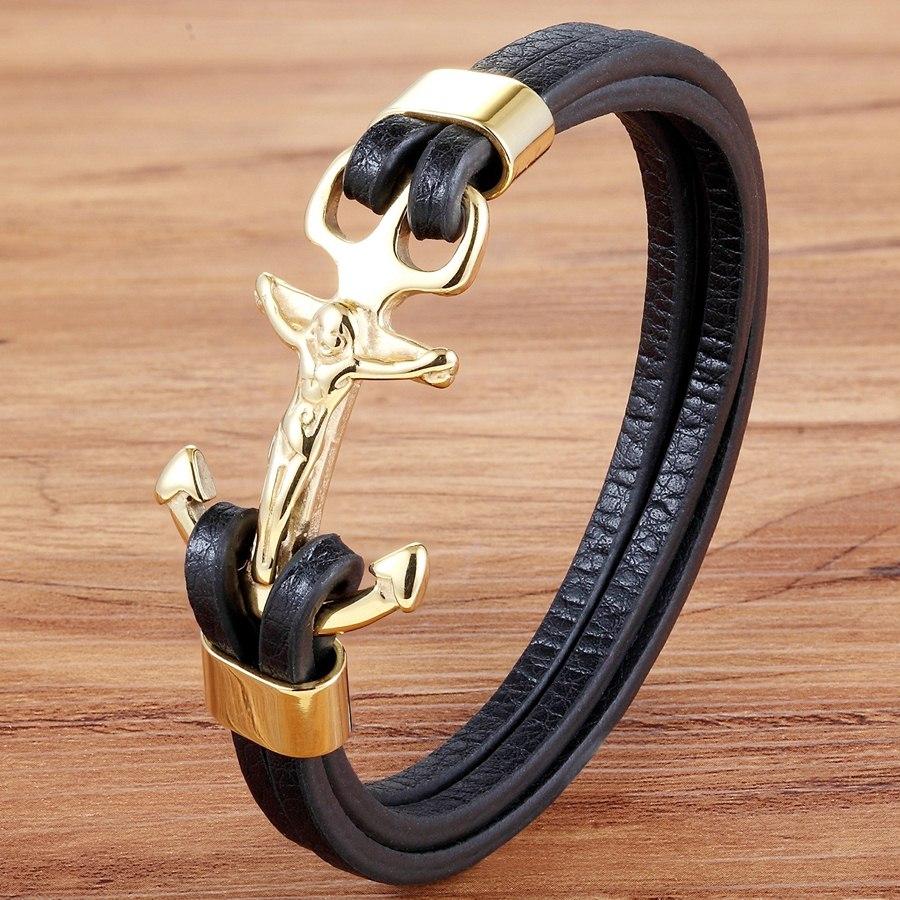 Gold And Steel Color Anchor Multi-layers Stitching Religions Bracelet Bangle For Male Christian Jewelry Design