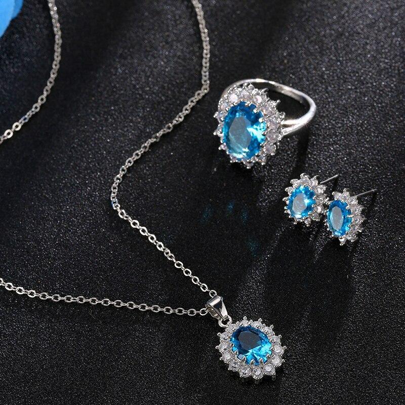 Luxury Elegant Juwelery Set For Ladies IN Blue Crystal Stone Wedding Jewelry Style  For Brides Silver Color Necklace Set For Women