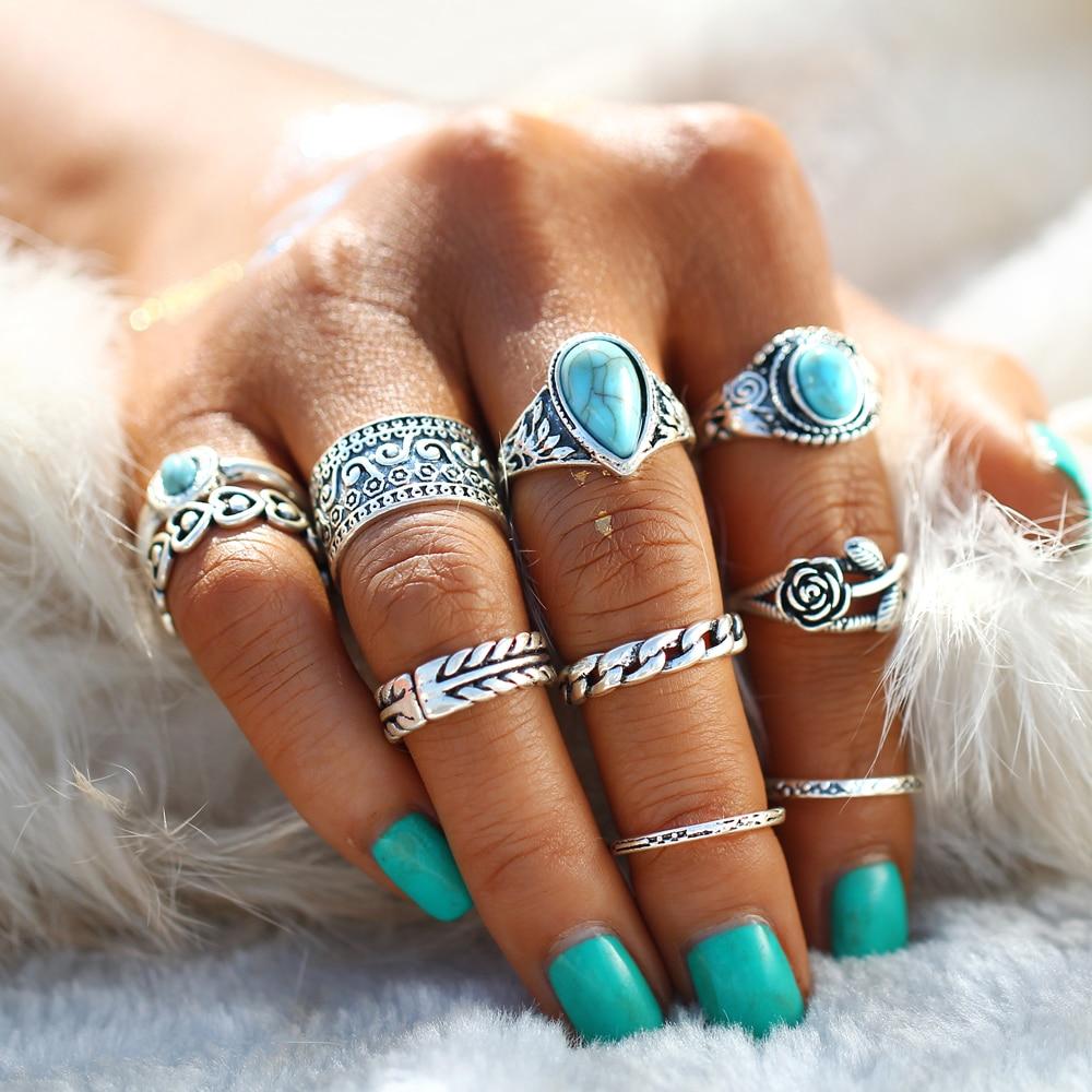 New Retro Rings Set Luxury Women Antique Silver Color Big Blue Stone Elegant Flowers Rings Bohemian Ring Set Jewelry